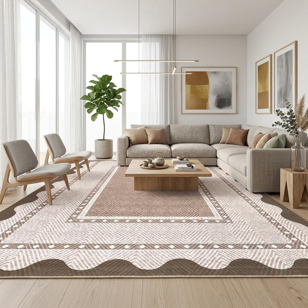 HIWEAVER Tan 9' x 12' Washable Scalloped Bordered Pattern Area Rug for Living Room Indoor Throw Carpet ​Modern Non-Slip Foldable Floor Cover for Dorm Home Decor