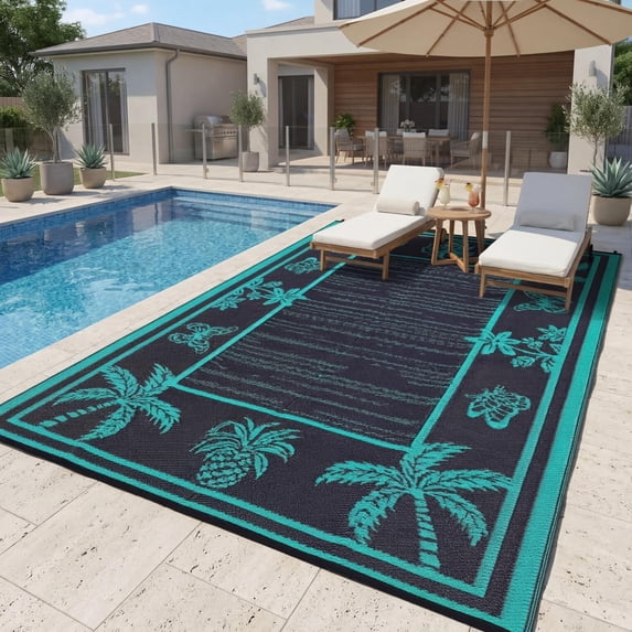 HIWEAVER Teal 8'x 10' Outdoor Rug Garden Decor Floral Bordered Carpet Plastic Straw Waterproof Reversible Patio Area Rug for Balcony Deck Picnic Portable Camping Mat