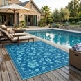 thumbnail image 1 of HIWEAVER Teal Blue 6'x 9' Outdoor Rug Garden Decor Scalloped Bordered Floral Carpet Plastic Straw Waterproof Reversible Patio Area Rug for Balcony Deck Picnic Portable Camping Mat, 1 of 6