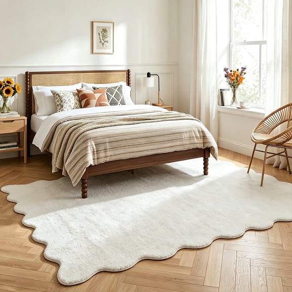 HIWEAVER White 9' x 12' Ultra-Soft Scalloped Rug for Living Room Indoor Non Slip Non-Shedding Floor Cover Easy Clean Fuzzy Fluffy Solid Carpet for Bedroom Playroom Dorm