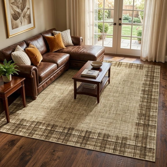 HIWEAVER Yellow 10' x 13' Neutral Bordered Plaid Area Rug for Living Room Washable Non Slip Modern Checked Indoor Carpet for Bedroom Decor Low Pile Farmhouse Floor Cover