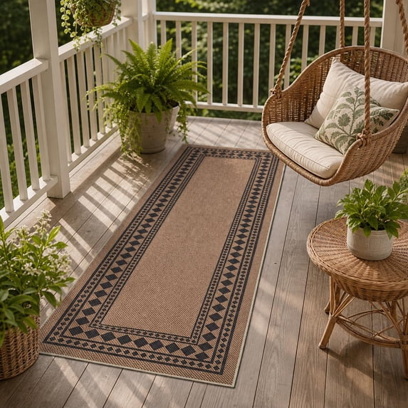 HIWEAVER Yellow 2' x 6' Easy Jute Runner for Kitchen Non Slip Stain Resistant Bordered Diamond Indoor Outdoor Throw Carpet Non Shedding Modern Geometric Mat for Hallway Outdoor Patio Rug