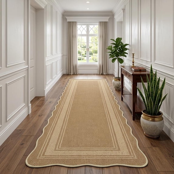 HIWEAVER Yellow 2' x 6' Easy Jute Runner for Kitchen Non Slip Stain Resistant Scalloped Indoor Outdoor Throw Carpet Non Shedding Modern Geometric Mat for Hallway Outdoor Patio Rug