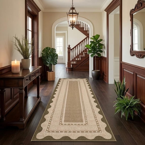 HIWEAVER Yellow 2' x 6' Washable Scalloped Bordered Pattern Runner for Kitchen Geometric Indoor Throw Carpet Modern Non-Slip Foldable Doormat for Hallway Farmhouse Dorm Home Decor