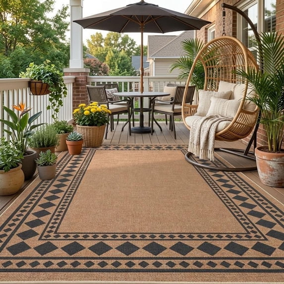 HIWEAVER Yellow 5' x 7' Modern Geometric Easy Jute Area Rug for Living Room Washable Bordered Diamond Print Indoor Outdoor Carpet Non-Slip Stain-Resistant Kitchen Throw Mat Patio Rug Decor