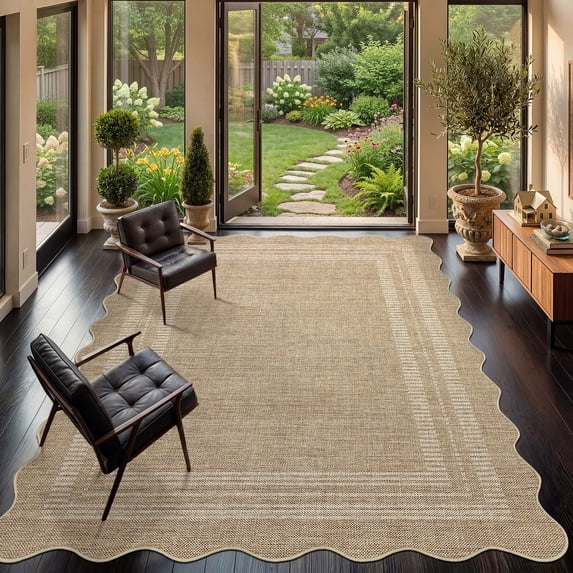 HIWEAVER Yellow 5' x 7' Scalloped-edge Easy Jute Area Rug for Living Room Modern Bordered Indoor Outdoor Neutral Carpet for Patios Non Slip Washable Throw Mat for Home Decor