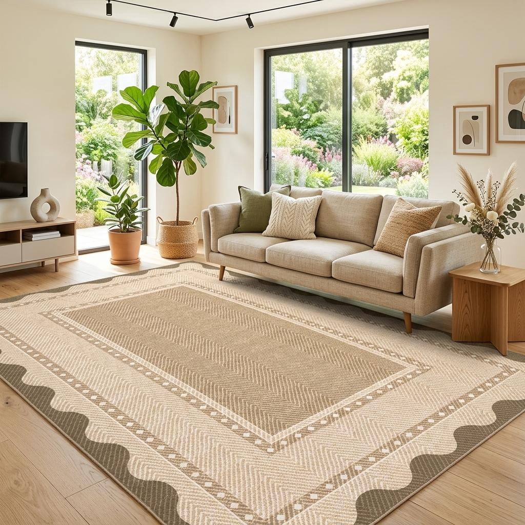 HIWEAVER Yellow 5' x 7' Washable Scalloped Bordered Pattern Area Rug for Living Room Indoor Throw Carpet ​Modern Non-Slip Foldable Floor Cover for Dorm Home Decor