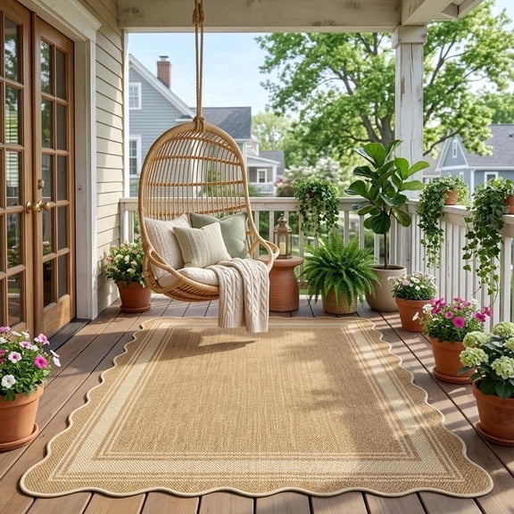 HIWEAVER Yellow 8' x 10' Scalloped-edge Easy Jute Area Rug for Living Room Modern Bordered Indoor Outdoor Neutral Carpet for Patios Non Slip Washable Throw Mat for Home Decor