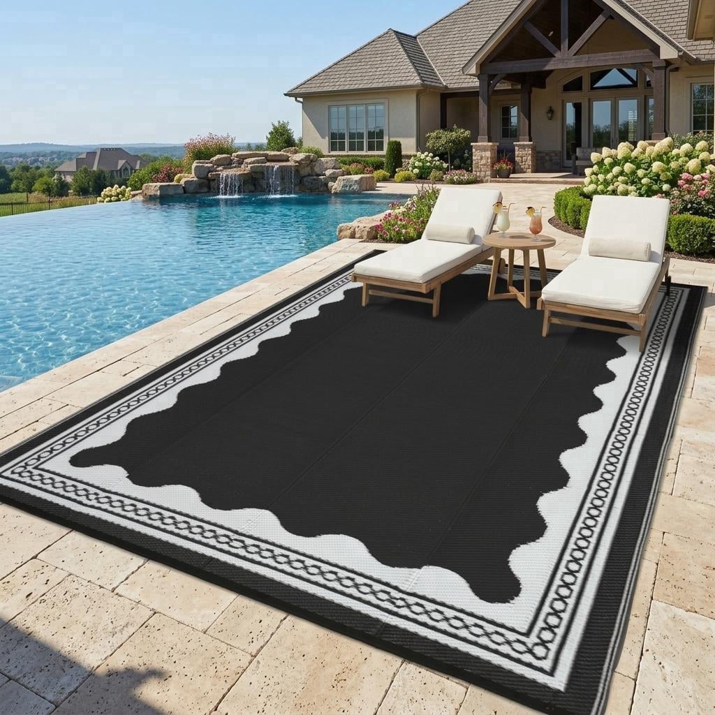 HIWEAVER Black/White8'x 10' Outdoor Rug Garden Decor Scolloped Bordered Carpet Plastic Straw Waterproof Reversible Patio Area Rug for Balcony Deck Picnic Portable Camping Mat