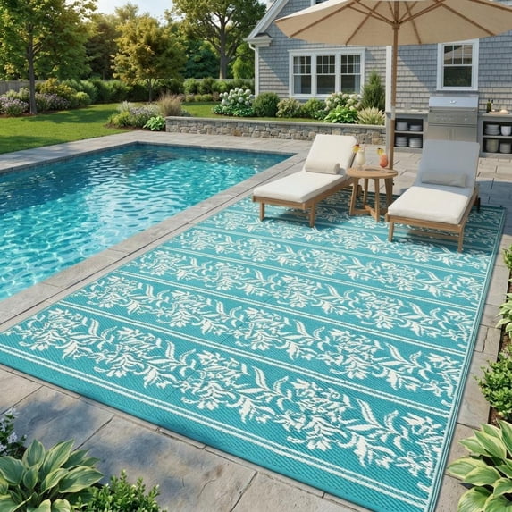 HIWEAVERLight Blue9'x 12' Outdoor Rug Garden Decor Geometric Floral Carpet Plastic Straw Waterproof Reversible Patio Area Rug for Balcony Deck Picnic Portable Camping Mat