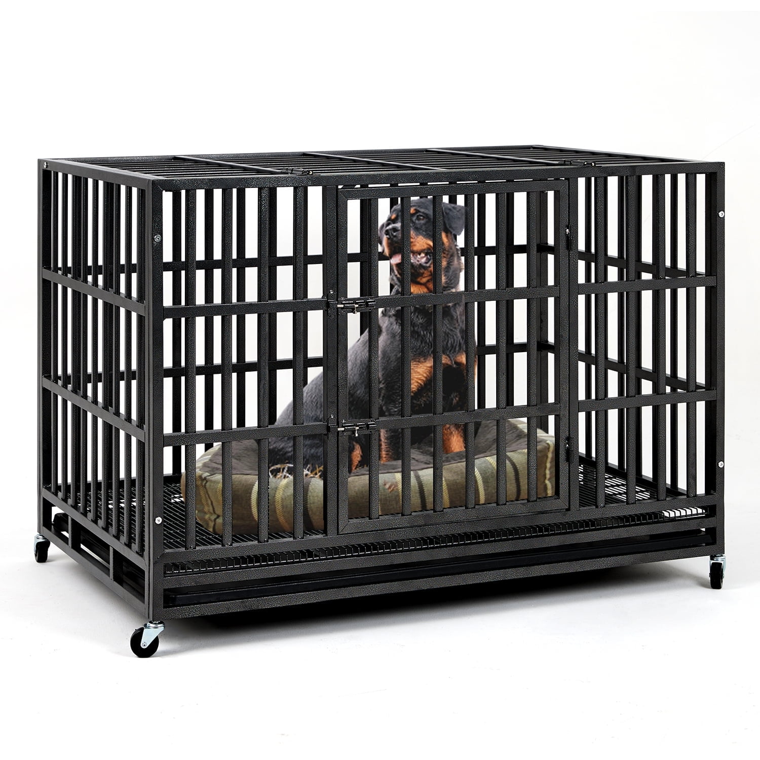 Extra Large Black Steel Rolling Dog Crate with Wheels