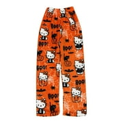 HIXOWIA Halloween Hello Kitty Pajamas Pants for Womens Pjs Pants Hello Kitty Women's Trendy Autumn/Winter Nightwear Flannel Sleepwear Kawaii Casual Plush Trousers, Cute Hello Kitty Pajama Pants