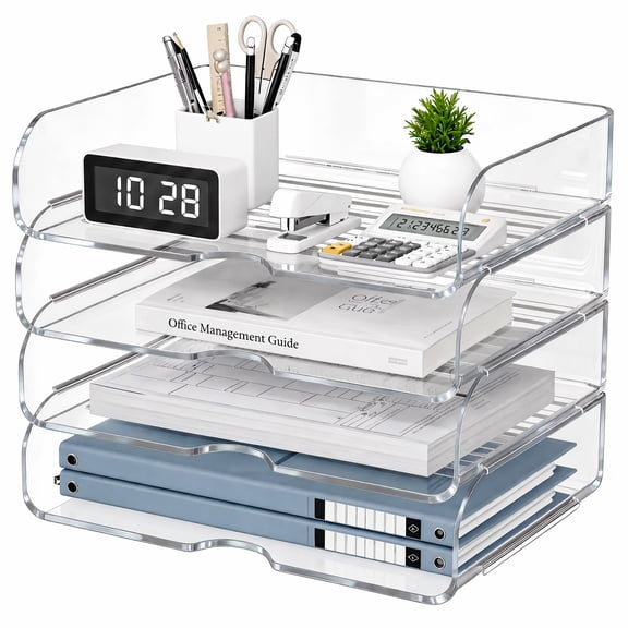 HIYOHIYO 4-Tier Clear Desk Organizer, Stackable Paper File Tray for Office Home fit A4 Letter Paper Notebooks Books Office Supplies, Horizontal Style