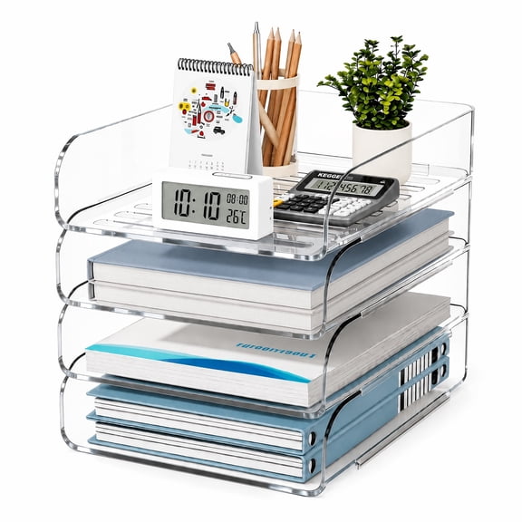HIYOHIYO 4-Tier Clear Desk Organizer, Stackable Paper File Tray for Office Home fit A4 Letter Paper Notebooks Books Office Supplies, Vertical Style