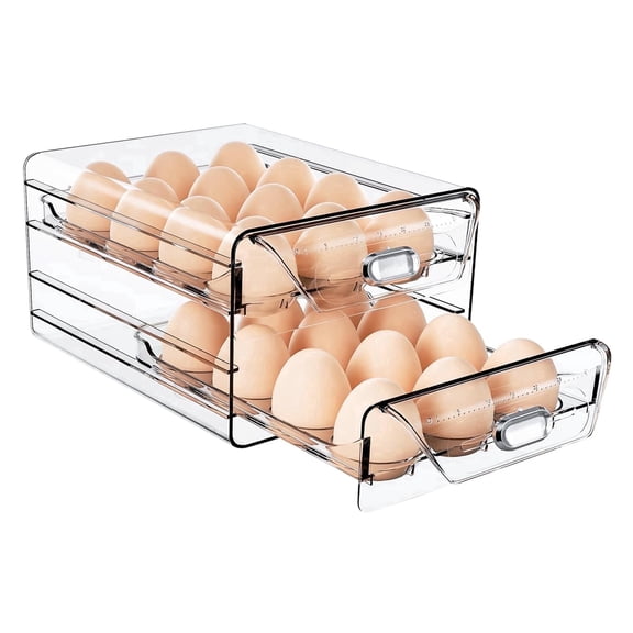HIYOHIYO Clear 24 Grid Egg Storage for Refrigerator with Drawers, Time Scale Marking, Large Capacity, 2 Layer