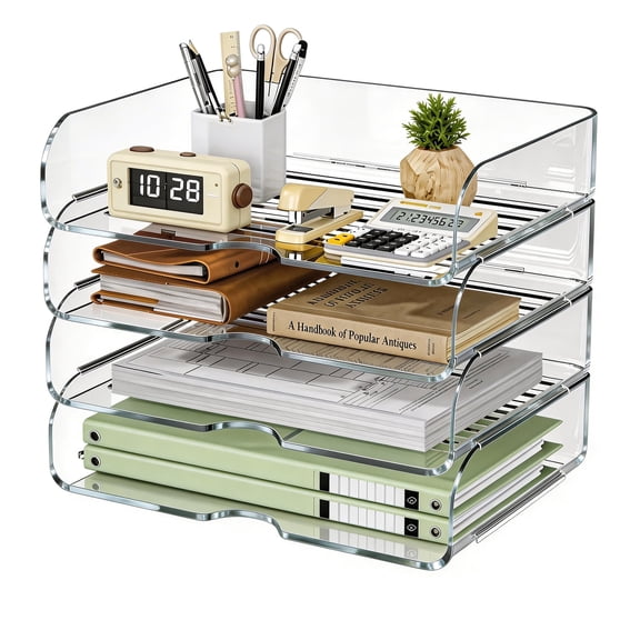 HIYOHIYO 4-Tier Clear Horizontal Style Letter A4 Paper Organizer, Stackable Large Capacity Desk File Holder for Home & Office