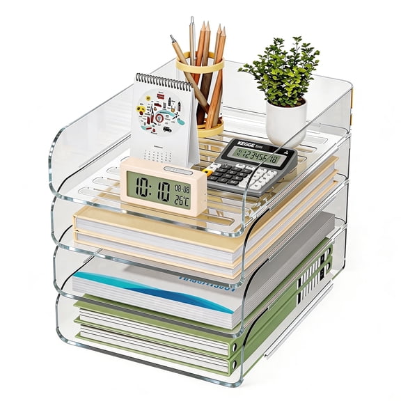 HIYOHIYO 4-Tier Clear Acrylic A4 File Organizer, Vertical Stackable Desktop Document Holder for Office Desk