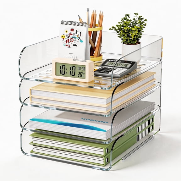 HIYOHIYO Plastic Office Home Desk Organizer for A4/Letter Paper, Clear, 4-Tier