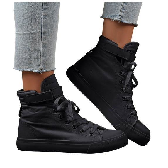 HIgh Top Sneakers for Women Trendy Lace up Hook and Loop Canvas Shoes Casual Walking Tennis Shoes Nonslip Flat Shoes Black Size 9.5