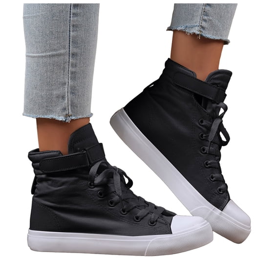 HIgh Top Sneakers for Women Trendy Lace up Hook and Loop Canvas Shoes Casual Walking Tennis Shoes Nonslip Flat Shoes Black Size 9