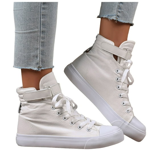 HIgh Top Sneakers for Women Trendy Lace up Hook and Loop Canvas Shoes Casual Walking Tennis Shoes Nonslip Flat Shoes White Size 9.5