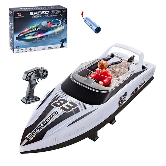 HJ821 RC Speedboat 15kmh Dual Motor Remote Control Boat With 2.4GHz 60m Range LED Ring Lights High Low Speed Modes For Pool Lake Pond Water Recreation- White / 1 Battery