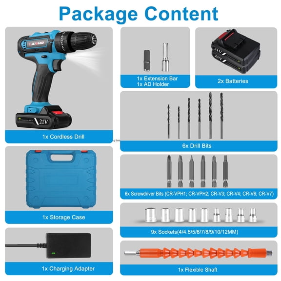 (HJG)--1Pack Cordless Drill Set With 2Pcs 21V Batteries And Charger 2 Variable Speeds Keyless Chuck 265lnLbs 25 And 3 Torque Positions Included 24Pcs Drill Bits For Home Car Repair Handmade**--（ ;;;）