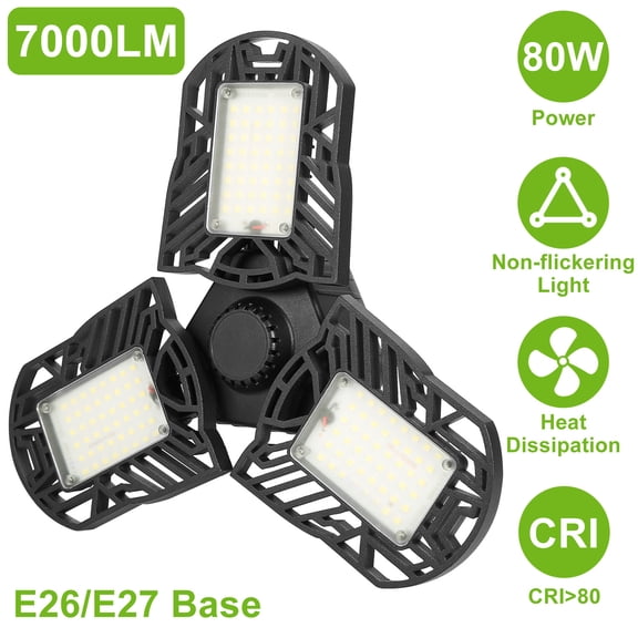 (HJG)--LED Garage Light E26 E27 80W 7000LM 6500K Garage Ceiling Light Deformable Workshop Lamp Die Cast Aluminum LED Ceiling Light Bulbs With 3 Adjustable Panels For Barn Shop Warehouse Workshop ;'[.