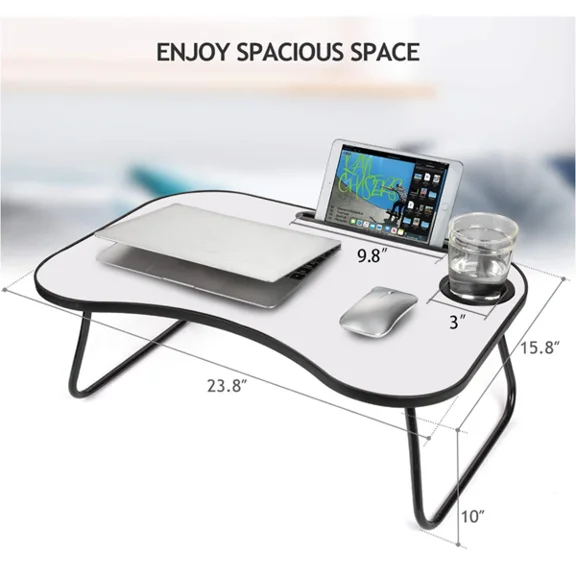 (HJG)--Portable Laptop Desk, Gray And White Matte Metal And Wood Construction, Foldable Design With Cup Holder, 26.5 X 18.5 Inches, For Bed, Car, Couch, Home & Outdoor Use (Grey+White Matte)**--（ ;.）