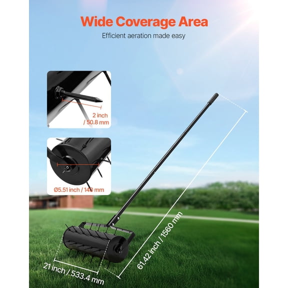 (HJG)-Rolling Lawn Aerator, 21-inch Heavy-Duty Manual Rolling Aerator Lawn With Detachable Handle And 33 Iron Spikes, Rolling Lawn Aeration Tool For Garden Patio Yard Compacted Soils And Lawns, Black