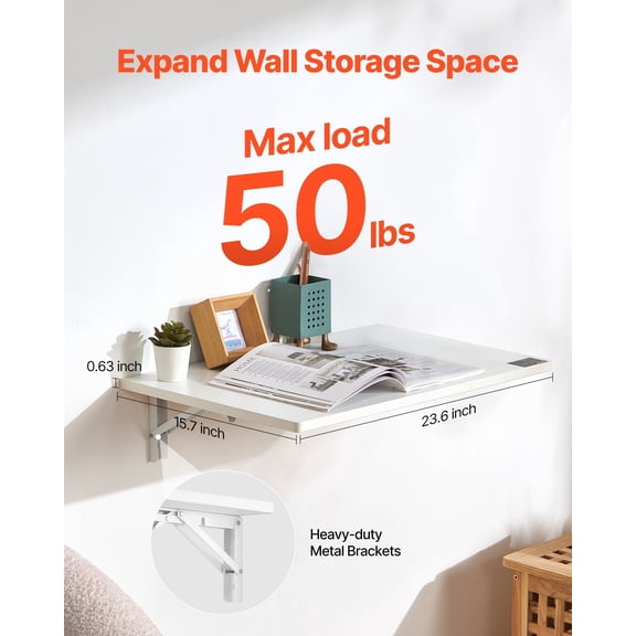 (HJG)--Wall Mounted Folding Table, 23.6 X 15.7 Inches Wall Mount Table, Floating Desk With Iron Bracket, Fold Down Desk For Small Spaces, Home Office, Dining, Laundry Room, Kitchen, Bar, White ;['][\