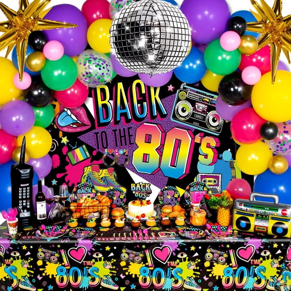 HJINGY 80s Party Decorations, 80s 90s Theme Birthday Party Supplies Includes Inflatable Radio Boombox & Mobile Phone, Back To The 80's Backdrop, Tablecloth, Plates, Napkins, Hip-Hop Cake Toppers Y102