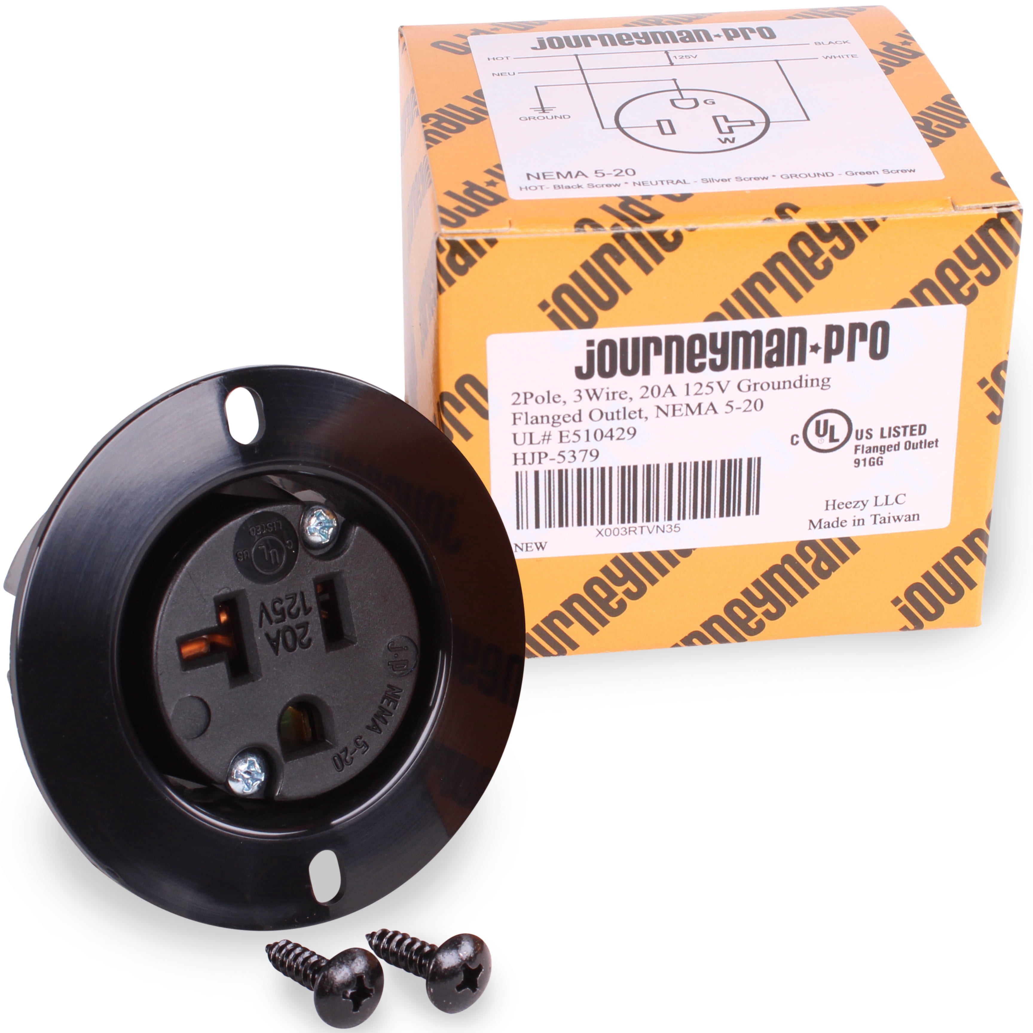 HJP-5379 20 AMP 110,120-125 Volt, NEMA 5-20R Flanged Outlet, Black Commercial Grade, 2 Pole-3 Wire, Straight Blade Plug EV Charger Receptacle Socket (No Covers)