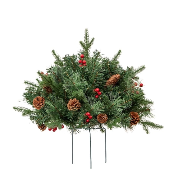 HJQEQVD Christmas Planter Filler with LED Lights, Artificial Pine Garland with Red Berries, Winter Porch Decor for Entryway Pots, Holiday Greenery Arrangements for Mantel Fireplace Table Centerpiece