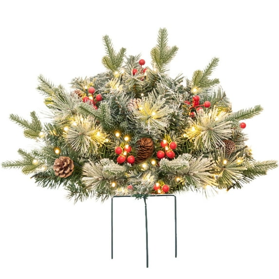 HJQEQVD Christmas Planter Filler with LED Lights, Artificial Pine Garland with Red Berries, Winter Porch Decor for Entryway Pots, Holiday Greenery Arrangements for Mantel Fireplace Table Centerpiece