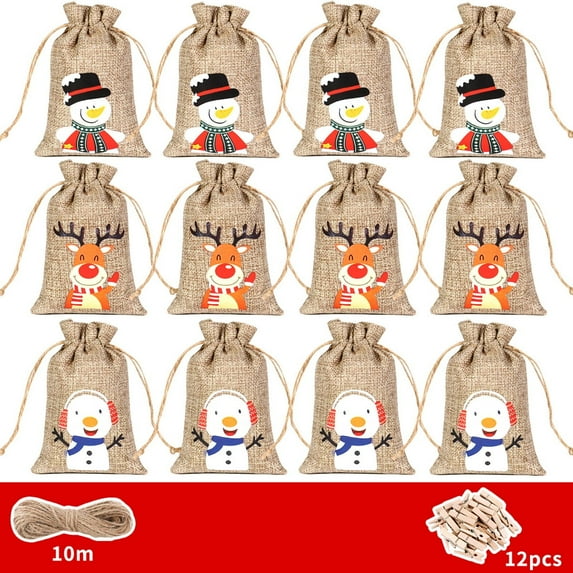 HJQEQVD Christmas Small Burlap Bags with Drawstring, Burlap Gift Bags Christmas Linen Treat Sacks Gift Wrapping Bags Xmas Holiday Party Favors Bags(7x5 inch, 12/24 Pcs)