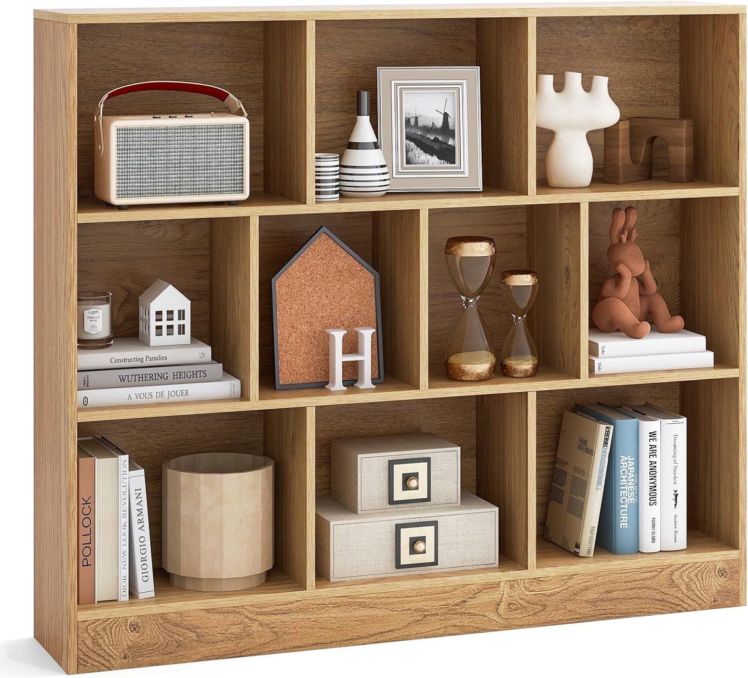 HJTER 10-Cube Bookshelf, 47.5”L Floor Bookcase with 2 Anti-Tipping Kits, Freestanding Storage Organizer, 4-Tier Display Shelf for Home, Office & Dorms (Natural, 10-Cube)