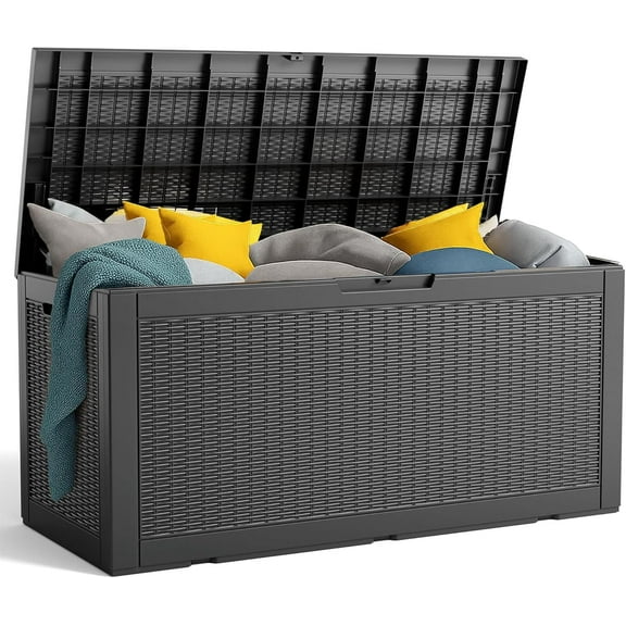 HJTER 100 Gallon Resin Deck Box, Lockable Patio Outdoor Storage Box for Furniture, Garden Tools and Tools Storage, Waterproof Outside Storage Boxes - Black