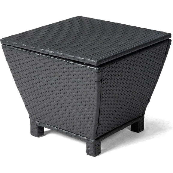 HJTER 13 Gallon Outdoor Deck Box, Wicker Outdoor Storage Box with Lid, Small Storage Bin Container for Outside and Patio, Patio Rattan Side Table for Yard Porch (Black, Trapezoidal)