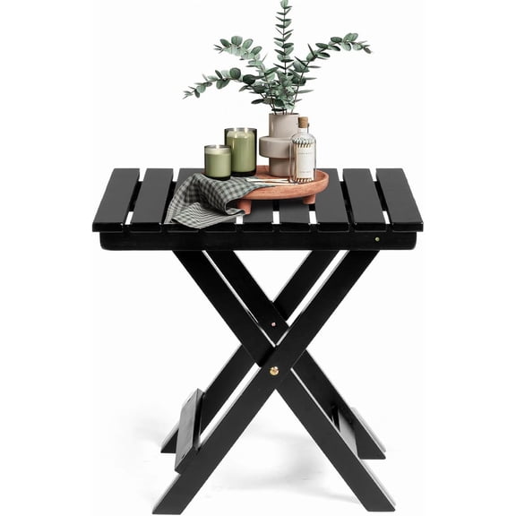 HJTER 18in Foldable Rectangular Side Table for Patio - Solid Poplar Wood Black