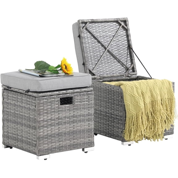 HJTER 2 Piece Outdoor Patio Ottomans,All-Weather Grey PE Rattan Wicker Ottoman with Storage,Outdoor Footrest Footstool Seat w/Thick Cushion,Built-in Handle for Backyard Poolside Porch (Light Grey)