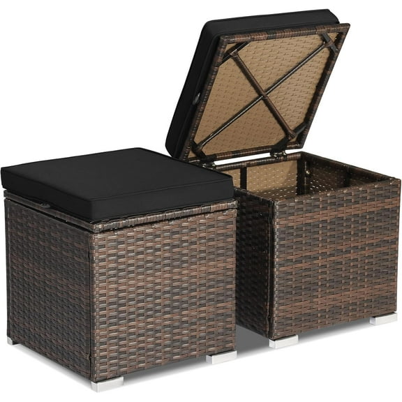 HJTER 2 Pieces Patio Ottomans, Patiojoy Hand-Woven PE Rattan Side Table with Removable Cushion & Hidden Storage Space, Multifunctional Storage Box, Seat for Patio, Backyard, Poolside (Black)