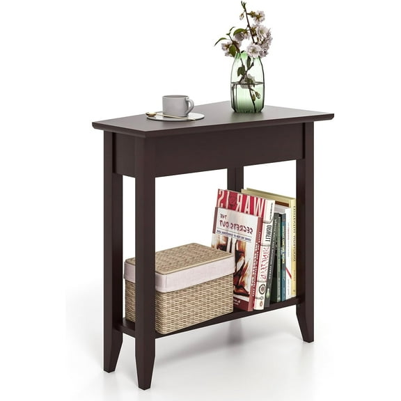 HJTER 2-Tier Wedge End Table, Narrow Triangle Side Table with Storage Shelf, Solid Wood Legs, Nightstand, Recliner Wedge Table for Living Room, Bedroom, Small Space, Espresso