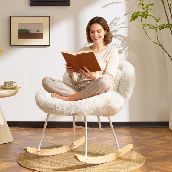 HJTER 25.6" Extra Wide Criss Cross Nursery Rocking Chair,Cute Curved 115 Reclining Armless Glider,Plush Small Rocker w/Pillow & Solid Wood for Indoor,Bedroom, Living Room,Fluffy Fleece,White