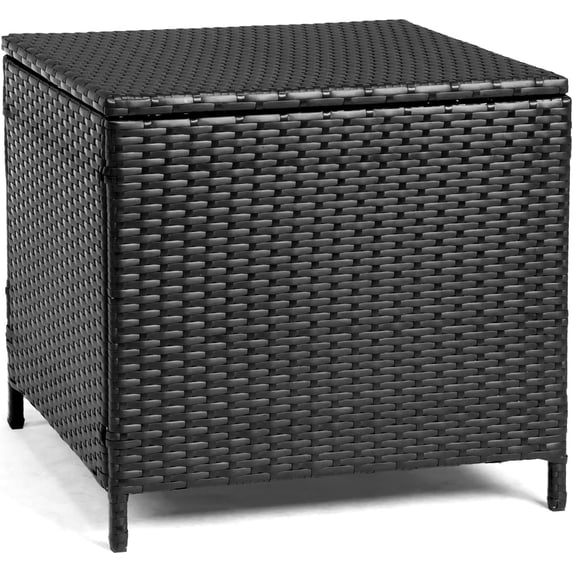 HJTER 27 Gallon Outdoor Deck Box, Wicker Outdoor Storage Box with Lid, Small Storage Bin Container for Outside and Patio, Patio Rattan Side Table for Yard Porch (Black, Square)