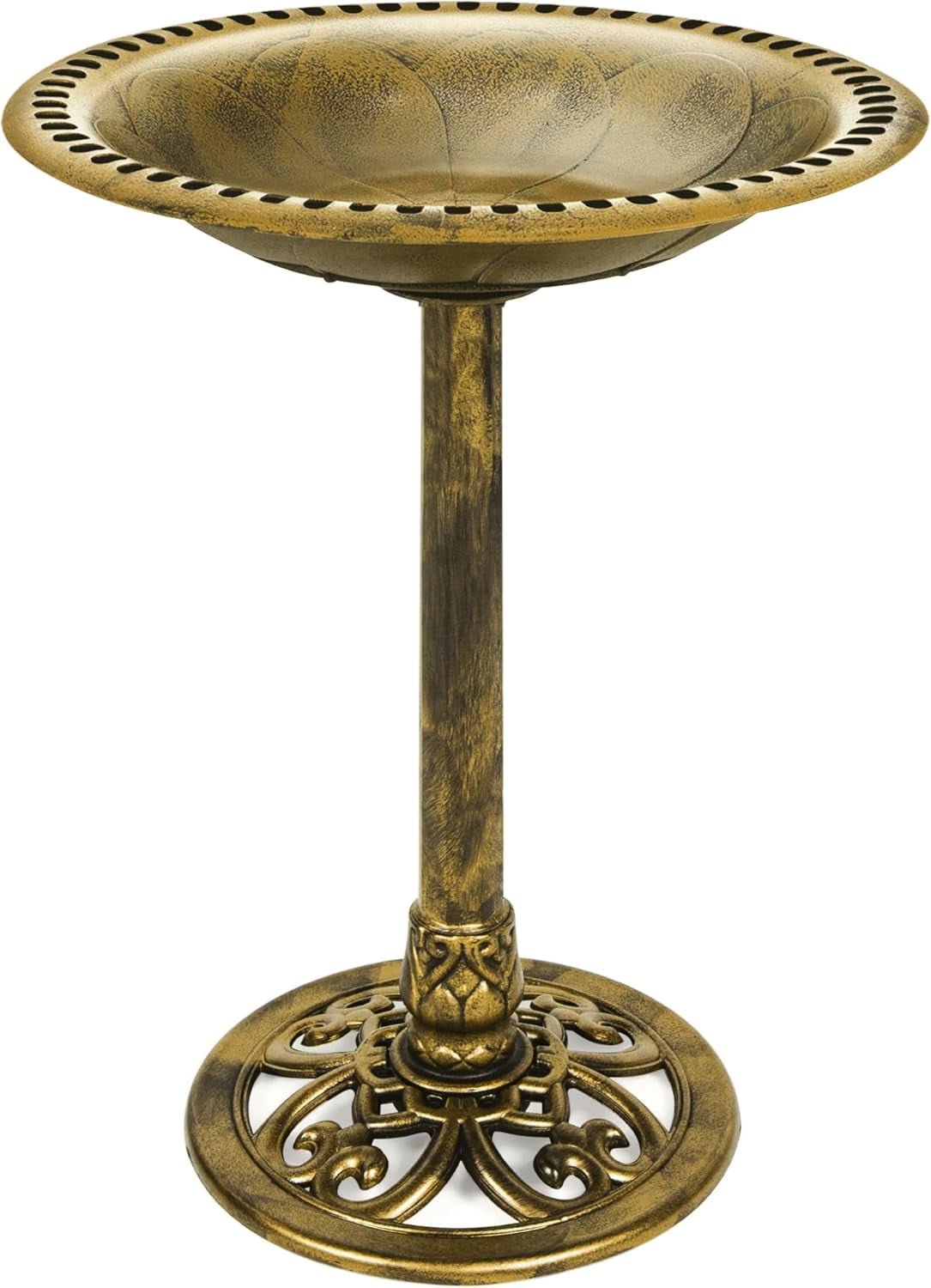 HJTER 28in Pedestal Bird Bath, Vintage Outdoor Resin Accent Decoration w/Fleur-de-Lis Accents - Gold