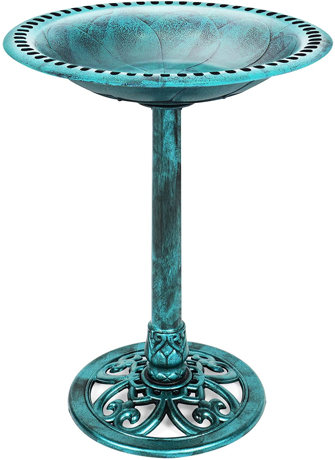 HJTER 28in Pedestal Bird Bath, Vintage Outdoor Resin Accent Decoration w/Fleur-de-Lis Accents - Green