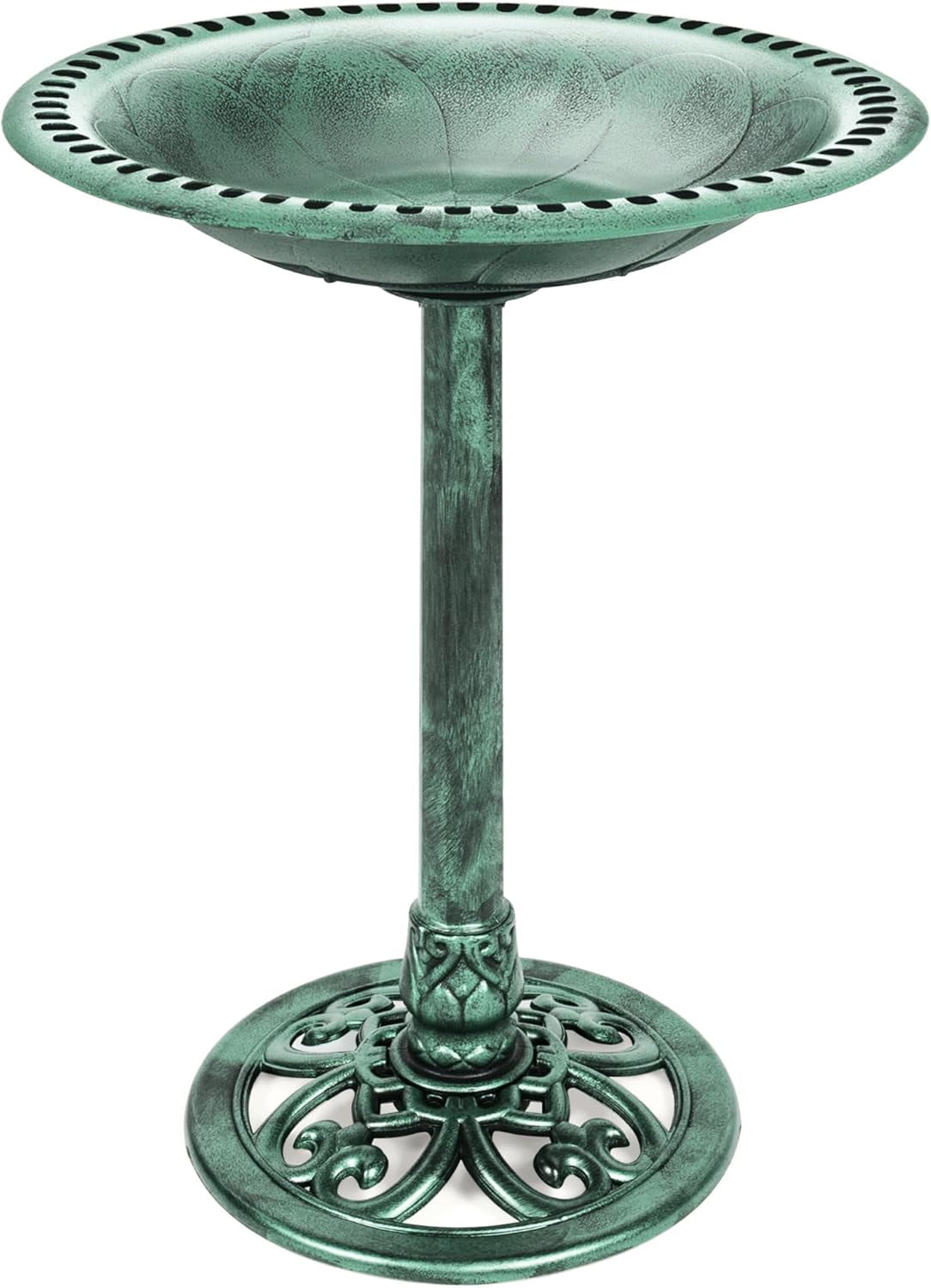 HJTER 28in Pedestal Bird Bath, Vintage Outdoor Resin Accent Decoration w/Fleur-de-Lis Accents - Mint Green