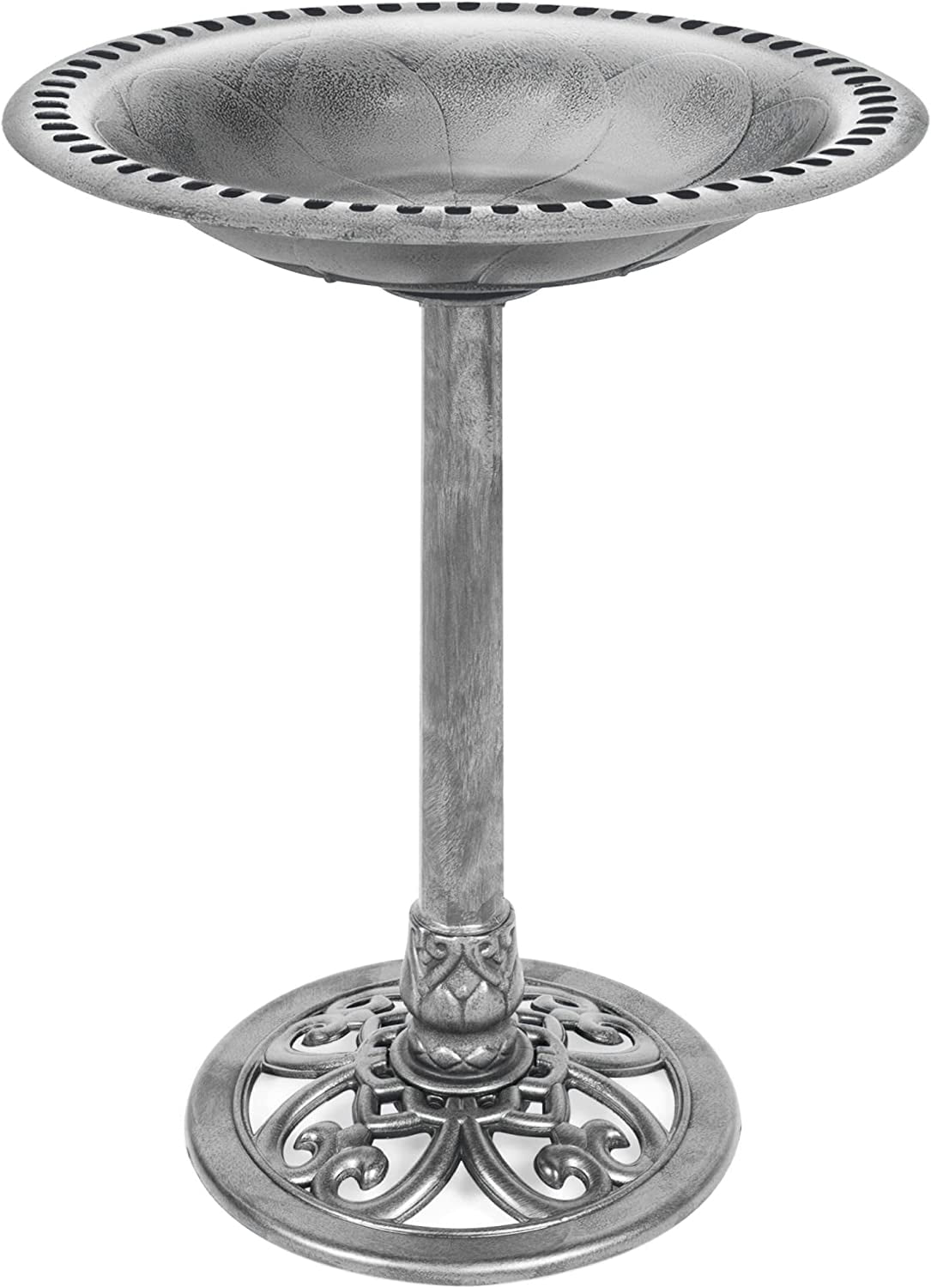 HJTER 28in Pedestal Bird Bath, Vintage Outdoor Resin Accent Decoration w/Fleur-de-Lis Accents - Stone