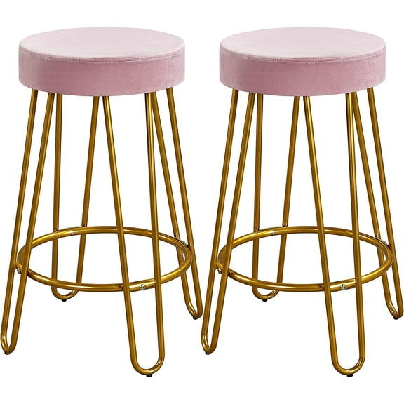 HJTER 2pcs Home Barstools Upholstered Velvet Round Backless Seat with Gold Legs Kitchen Stool Modern Breakfast Dining Stools, Pink